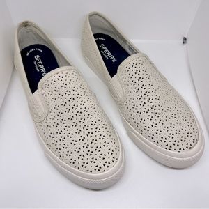 Sperry Top-Sider Women’s Beige Perforated Suede Slip On Shoe